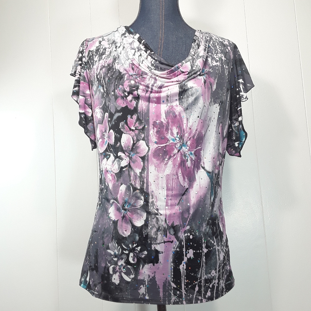 Brittany black floral rhinestone embellished droop neck shirt medium - Picture 9 of 9